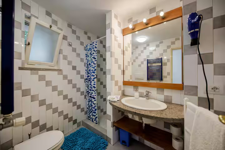 Il bagno con doccia, lavabo e specchio